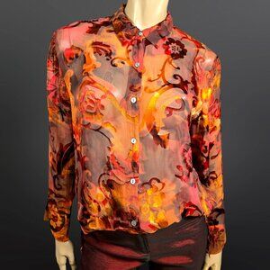 Vintage 90s Chicos Sheer Silk Blend Blouse Size S Button Up Autumn Fall Colors